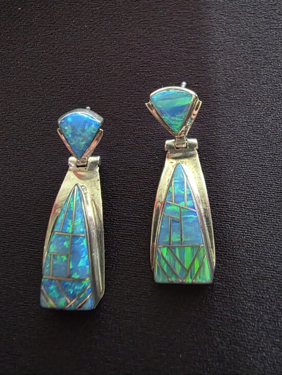 Estate Jewelry - Navajo Marilyn Yazzie Sterling Silver Lab Opal Inlay Dangle Hinge Earrings Vtg